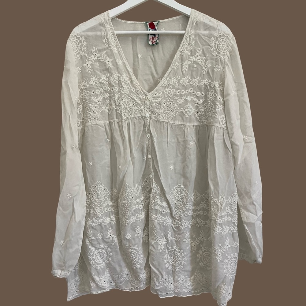 Johnny Was Ivory Embroidered V-Neck Peasant Blouse